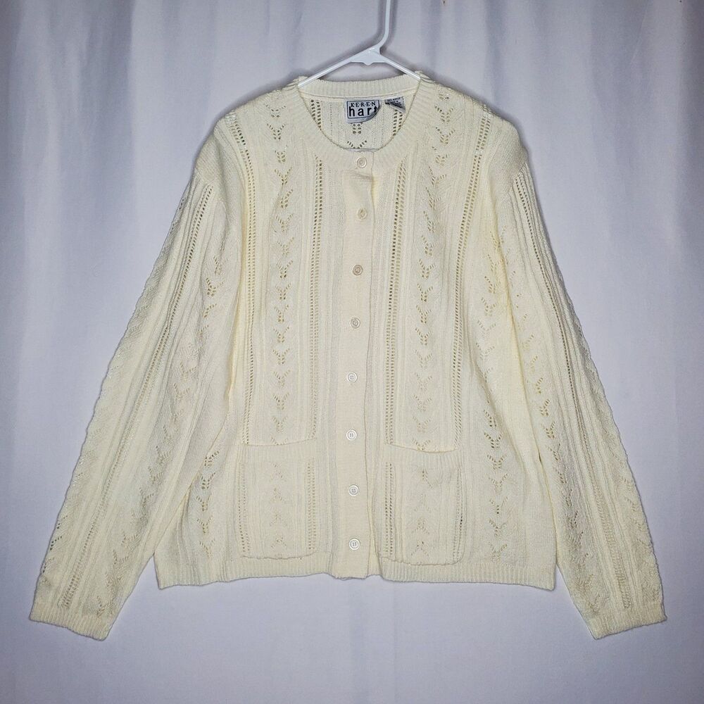 Keren Hart Cable Knit Cardigan Women 1X Cream Button Airy Feminine‎ Grandma